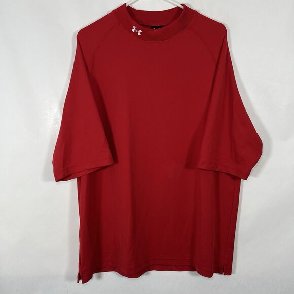 Under Armour Short Sleeve Mock Neck Relaxed Fit Shirt Mens Size Large Red Logo - Picture 1 of 10